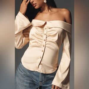 Anthropologie By Anthropologie Off-The-Shoulder Collared Silky Shirt